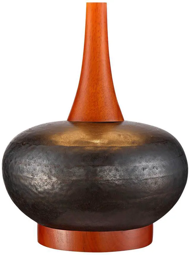 Alt view image 5 of 6 - Andi Mid Century Modern Table Lamps 24 1/2" Tall Set of 2 Brown Hammered Ceramic Red Oak Wood Off-White Fabric Shade for Cottage Core Bedroom Living Room Bedside Nightstand House Home