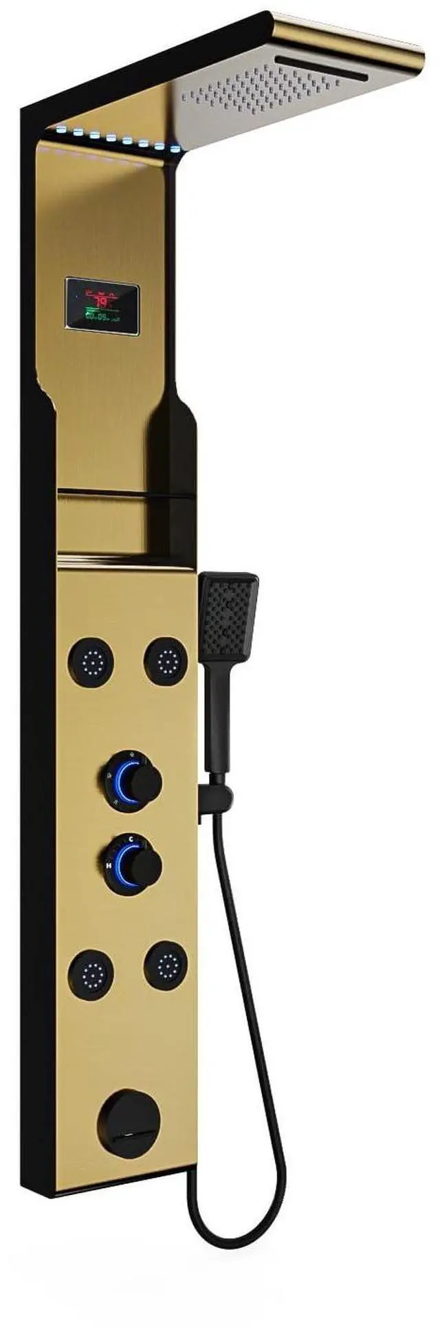 Main image of LED Rainfall Shower Head and Rain Massage System with Body Jets Stainless Steel Bathroom Shower Panel Tower System with Shelf, Brushed Gold&Black