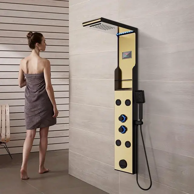Alt view image 2 of 6 - LED Rainfall Shower Head and Rain Massage System with Body Jets Stainless Steel Bathroom Shower Panel Tower System with Shelf, Brushed Gold&Black