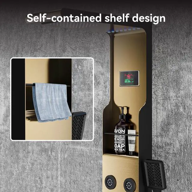 Alt view image 3 of 6 - LED Rainfall Shower Head and Rain Massage System with Body Jets Stainless Steel Bathroom Shower Panel Tower System with Shelf, Brushed Gold&Black