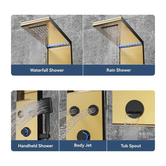 Alt view image 4 of 6 - LED Rainfall Shower Head and Rain Massage System with Body Jets Stainless Steel Bathroom Shower Panel Tower System with Shelf, Brushed Gold&Black