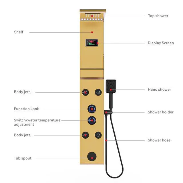 Alt view image 5 of 6 - LED Rainfall Shower Head and Rain Massage System with Body Jets Stainless Steel Bathroom Shower Panel Tower System with Shelf, Brushed Gold&Black