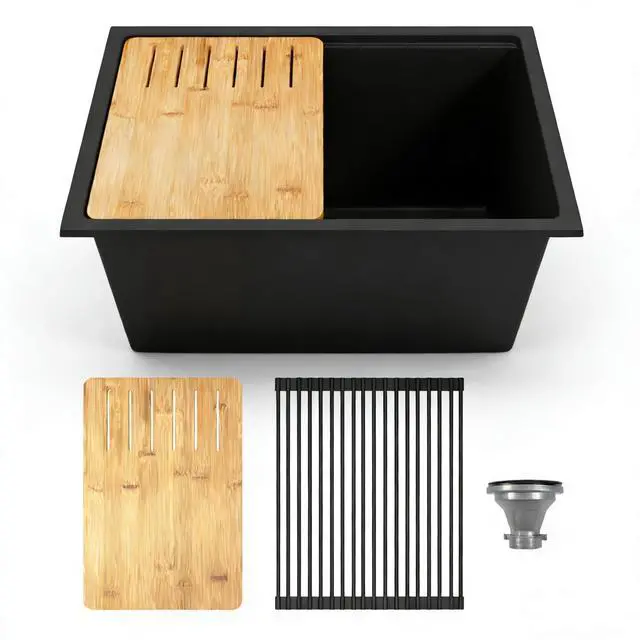 Main image of Black Undermount Kitchen Sink 25 Inch, Single Bowl Granite Composite Kitchen Sink with Integrated Ledge