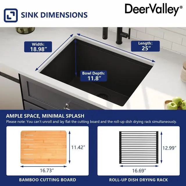 Alt view image 3 of 6 - Black Undermount Kitchen Sink 25 Inch, Single Bowl Granite Composite Kitchen Sink with Integrated Ledge