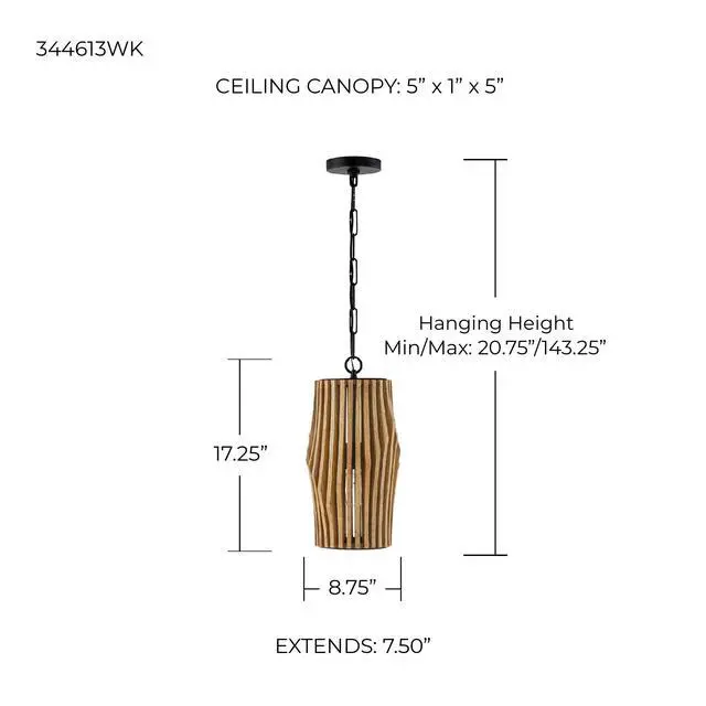 Alt view image 2 of 5 - 344613WK Archer Modern Artisan-Crafted Mango Wood Mini Pendant Ceiling Light Fixture, 1-Light 100 Watt, 17" H x 9" W, Light Wood and Matte Black