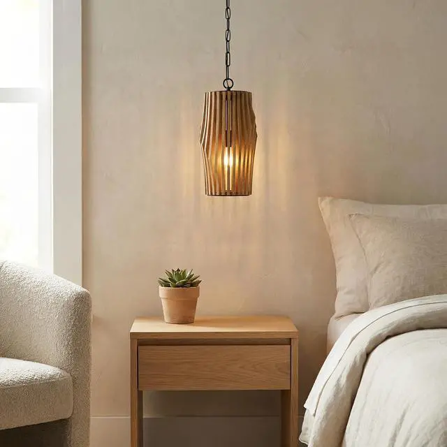 Alt view image 3 of 5 - 344613WK Archer Modern Artisan-Crafted Mango Wood Mini Pendant Ceiling Light Fixture, 1-Light 100 Watt, 17" H x 9" W, Light Wood and Matte Black