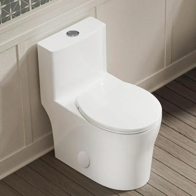 Main image of Compact One Piece Toilet for Small Bathroom, Round Modern Skirted Toilet with Soft Close Seat, Space Saving, 12'' Rough-in, High Efficiency Dual Flush and MAP 1000g, White