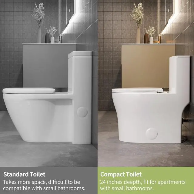 Alt view image 4 of 6 - Compact One Piece Toilet for Small Bathroom, Round Modern Skirted Toilet with Soft Close Seat, Space Saving, 12'' Rough-in, High Efficiency Dual Flush and MAP 1000g, White
