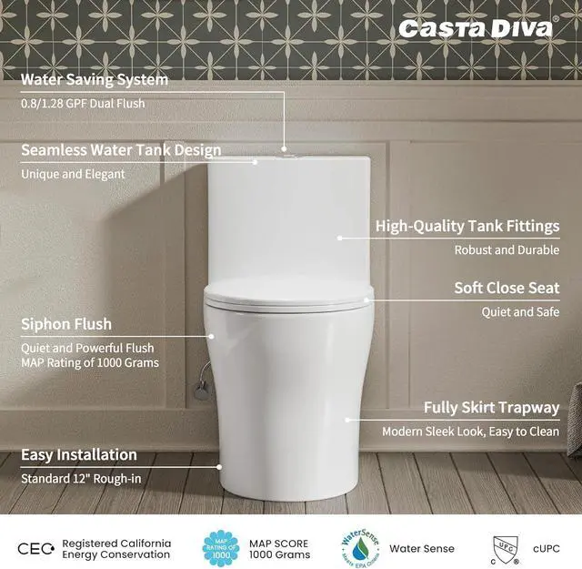 Alt view image 5 of 6 - Compact One Piece Toilet for Small Bathroom, Round Modern Skirted Toilet with Soft Close Seat, Space Saving, 12'' Rough-in, High Efficiency Dual Flush and MAP 1000g, White