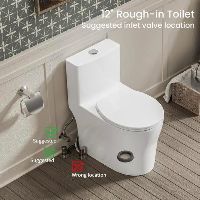 Alt view image 6 of 6 - Compact One Piece Toilet for Small Bathroom, Round Modern Skirted Toilet with Soft Close Seat, Space Saving, 12'' Rough-in, High Efficiency Dual Flush and MAP 1000g, White