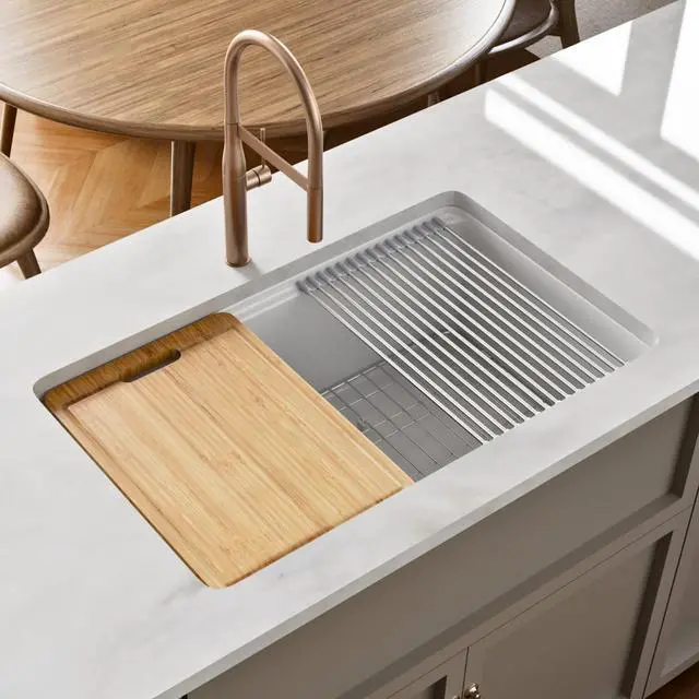 Main image of 30 Inch White Undermount Kitchen Sink, 30"L x 19"W Fireclay Workstation Kitchen Sink Includes Cutting Board and Drying Rack, Deep Single Bowl, Dual Mount