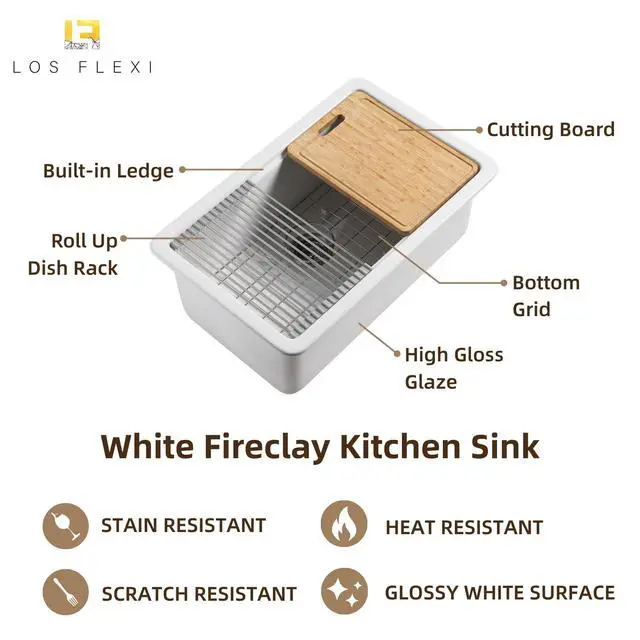 Alt view image 2 of 6 - 30 Inch White Undermount Kitchen Sink, 30"L x 19"W Fireclay Workstation Kitchen Sink Includes Cutting Board and Drying Rack, Deep Single Bowl, Dual Mount