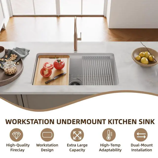 Alt view image 3 of 6 - 30 Inch White Undermount Kitchen Sink, 30"L x 19"W Fireclay Workstation Kitchen Sink Includes Cutting Board and Drying Rack, Deep Single Bowl, Dual Mount