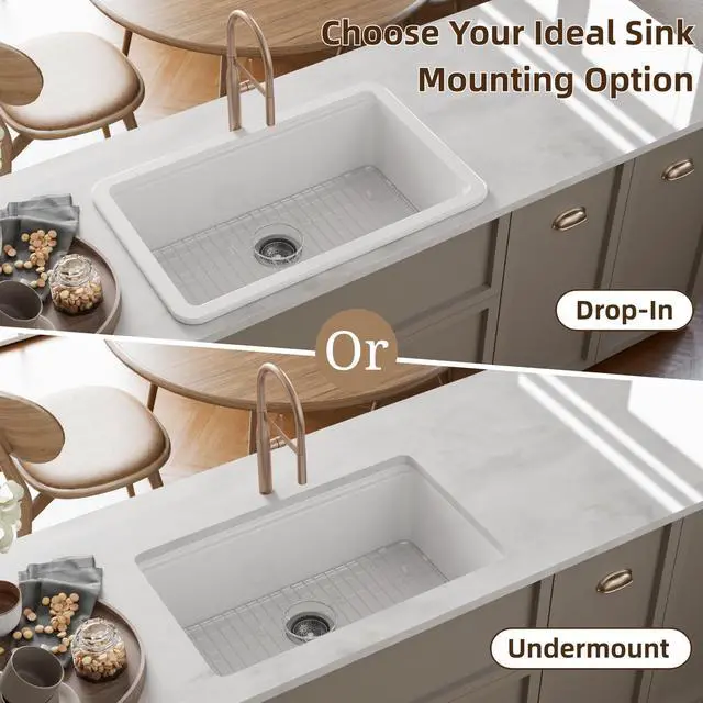 Alt view image 4 of 6 - 30 Inch White Undermount Kitchen Sink, 30"L x 19"W Fireclay Workstation Kitchen Sink Includes Cutting Board and Drying Rack, Deep Single Bowl, Dual Mount