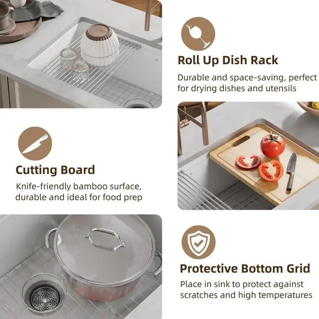 Alt view image 6 of 6 - 30 Inch White Undermount Kitchen Sink, 30"L x 19"W Fireclay Workstation Kitchen Sink Includes Cutting Board and Drying Rack, Deep Single Bowl, Dual Mount