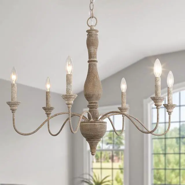 Main image of 6-Light French Country Chandelier, Handmade Real Wood Farmhouse Chandelier, Distressed Finish Light Fixture for Dining Room, Living Room, Bedroom, Kitchen, Stairway, Kitchen