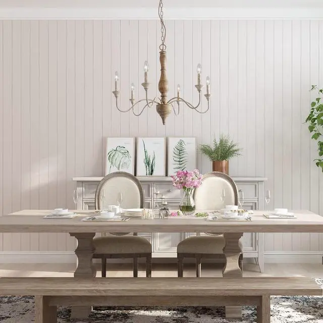 Alt view image 3 of 6 - 6-Light French Country Chandelier, Handmade Real Wood Farmhouse Chandelier, Distressed Finish Light Fixture for Dining Room, Living Room, Bedroom, Kitchen, Stairway, Kitchen