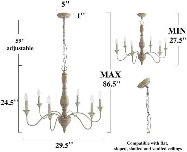 Alt view image 6 of 6 - 6-Light French Country Chandelier, Handmade Real Wood Farmhouse Chandelier, Distressed Finish Light Fixture for Dining Room, Living Room, Bedroom, Kitchen, Stairway, Kitchen
