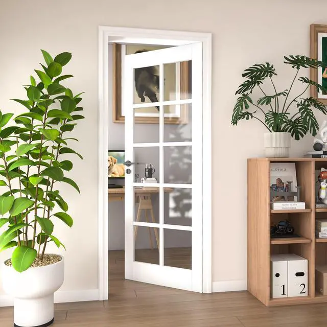 Main image of 24" x 80" Interior Door Slab, 10-Lite Tempered Clear Glass French Door, Solid Core Panel, White Primed Double Door for Pantry, Laundry, Closet and Bathroom, No Frame and Hardware