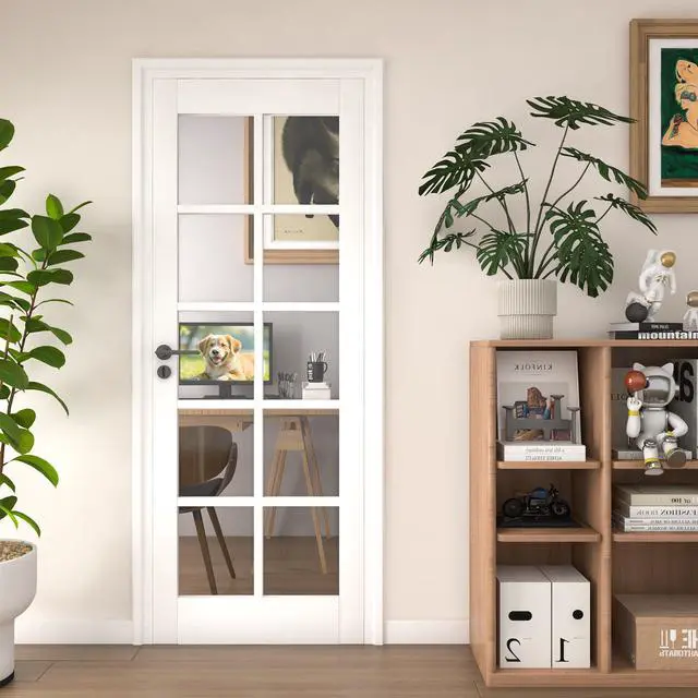 Alt view image 2 of 6 - 24" x 80" Interior Door Slab, 10-Lite Tempered Clear Glass French Door, Solid Core Panel, White Primed Double Door for Pantry, Laundry, Closet and Bathroom, No Frame and Hardware