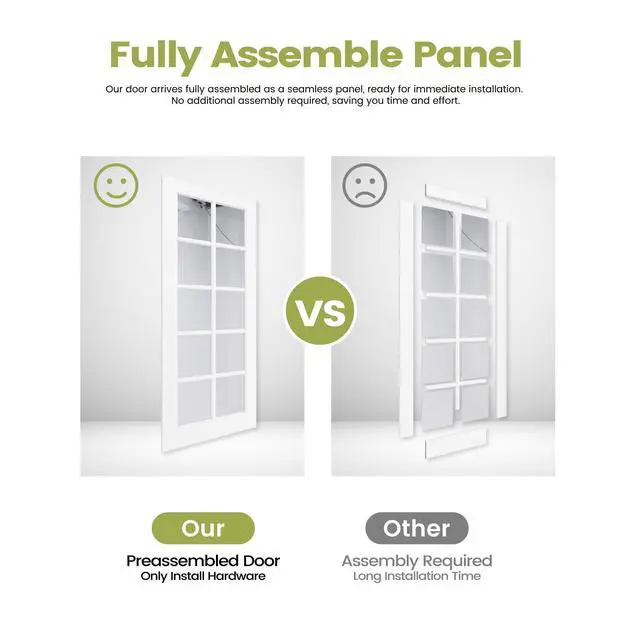 Alt view image 4 of 6 - 24" x 80" Interior Door Slab, 10-Lite Tempered Clear Glass French Door, Solid Core Panel, White Primed Double Door for Pantry, Laundry, Closet and Bathroom, No Frame and Hardware