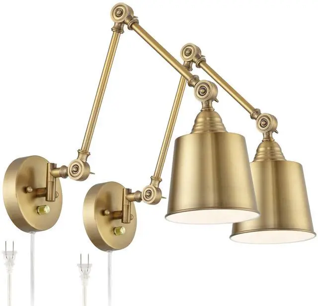 Main image of Mendes Modern Swing Arm Adjustable Wall Lamps Set of 2 Antique Brass Plug-in Light Fixture Up Down Metal Shade for Bedroom Bedside House Reading Living Room Home Hallway Dining