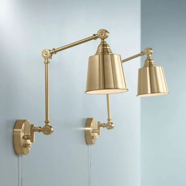 Alt view image 2 of 6 - Mendes Modern Swing Arm Adjustable Wall Lamps Set of 2 Antique Brass Plug-in Light Fixture Up Down Metal Shade for Bedroom Bedside House Reading Living Room Home Hallway Dining