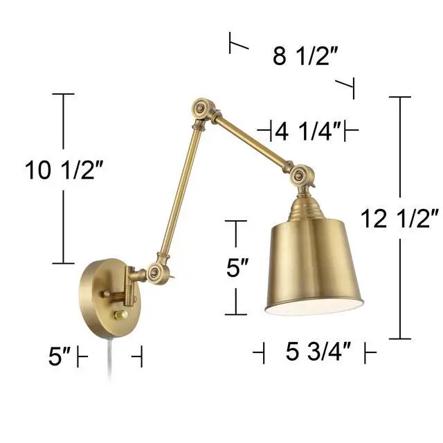 Alt view image 4 of 6 - Mendes Modern Swing Arm Adjustable Wall Lamps Set of 2 Antique Brass Plug-in Light Fixture Up Down Metal Shade for Bedroom Bedside House Reading Living Room Home Hallway Dining