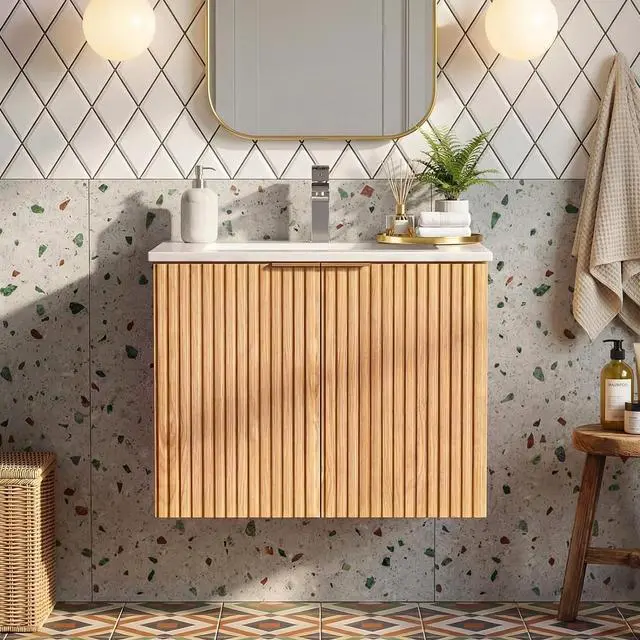 Main image of 24 Inch Bathroom Vanity with Sink, Wall Mounted Floating Cabinet with Ceramic Basin, Waterproof Engineered Wood for Powder Room & Small Bathroom