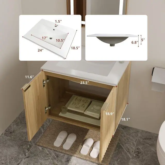 Alt view image 2 of 6 - 24 Inch Bathroom Vanity with Sink, Wall Mounted Floating Cabinet with Ceramic Basin, Waterproof Engineered Wood for Powder Room & Small Bathroom