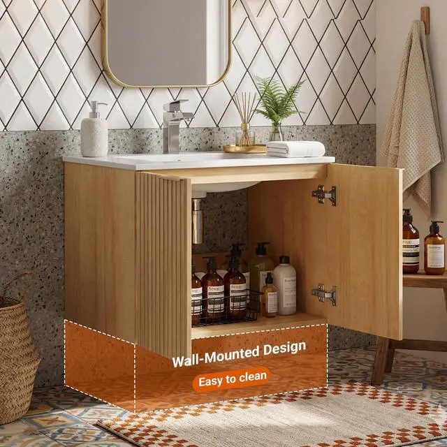 Alt view image 4 of 6 - 24 Inch Bathroom Vanity with Sink, Wall Mounted Floating Cabinet with Ceramic Basin, Waterproof Engineered Wood for Powder Room & Small Bathroom