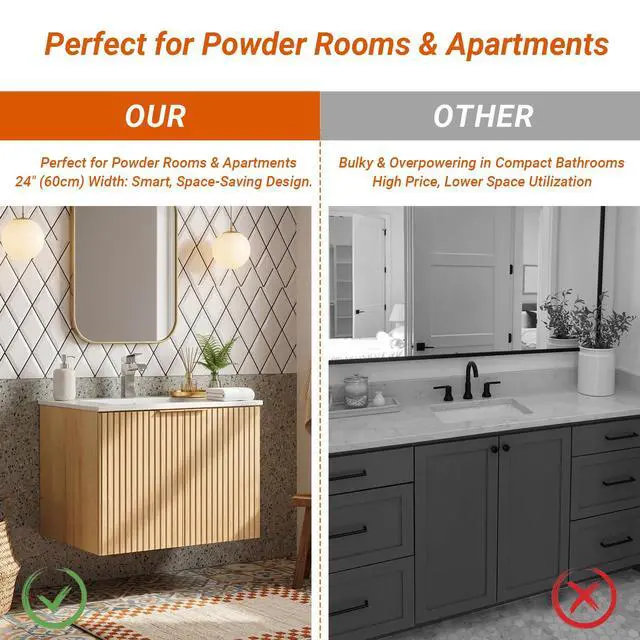 Alt view image 5 of 6 - 24 Inch Bathroom Vanity with Sink, Wall Mounted Floating Cabinet with Ceramic Basin, Waterproof Engineered Wood for Powder Room & Small Bathroom