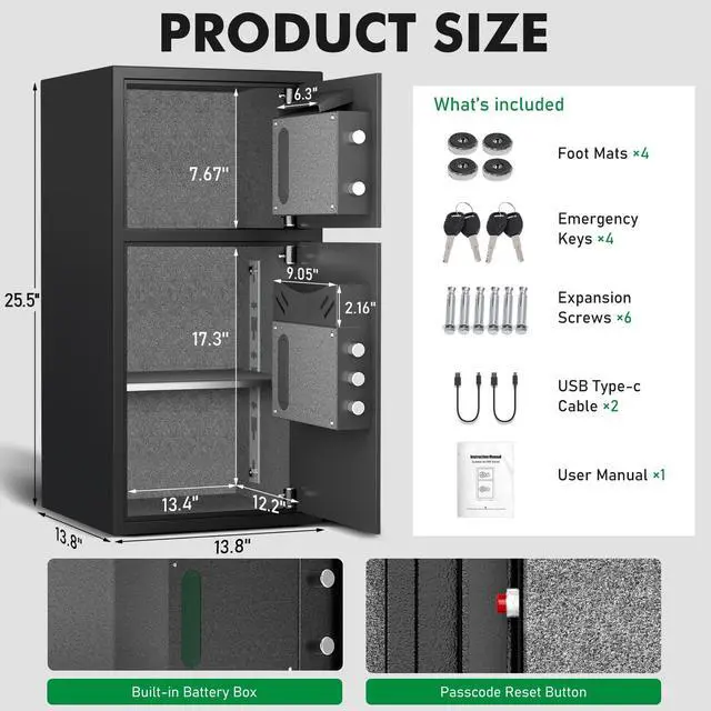 Alt view image 2 of 6 - 2026 NEW Large Home safe Fireproof Waterproof, 6.0 Cub Money Safe with Drop Slot & Metal Deposit Storage Box, Fingerprint Safe with Dual Alarm System & Mute Mode for Valuables