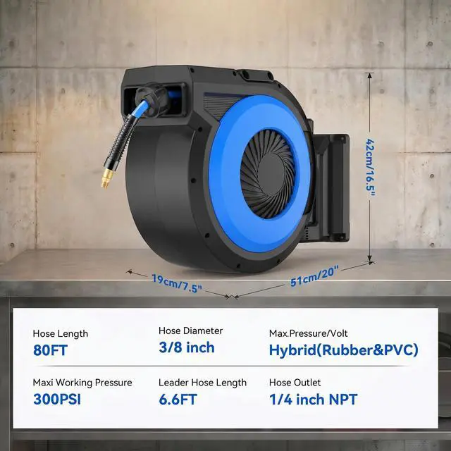 Alt view image 2 of 6 - Retractable Air Hose Reel 80FT + 6.5FT, Heavy Duty 3/8" x 80FT Hybrid Air Compressor Hose Reel, Automatic Rewind, 300PSI Wall Mount Hose Reel with Brass Fittings & Bend Restrictors for Garage Workshop