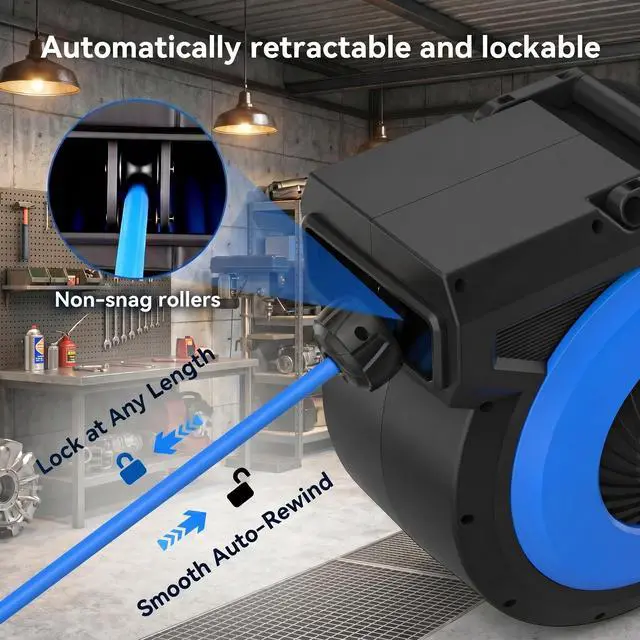 Alt view image 3 of 6 - Retractable Air Hose Reel 80FT + 6.5FT, Heavy Duty 3/8" x 80FT Hybrid Air Compressor Hose Reel, Automatic Rewind, 300PSI Wall Mount Hose Reel with Brass Fittings & Bend Restrictors for Garage Workshop