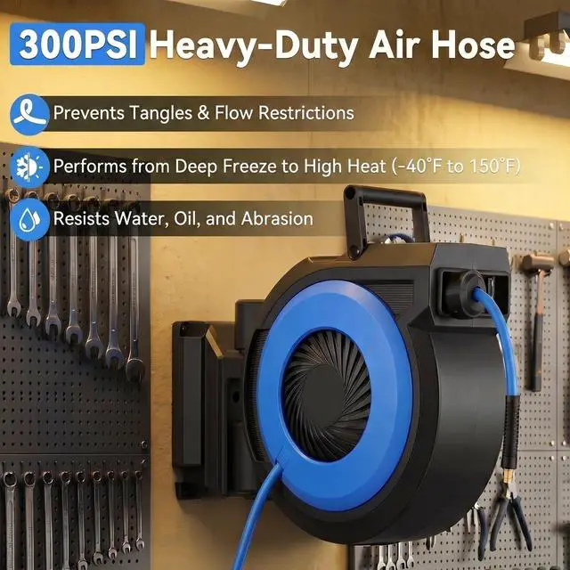Alt view image 4 of 6 - Retractable Air Hose Reel 80FT + 6.5FT, Heavy Duty 3/8" x 80FT Hybrid Air Compressor Hose Reel, Automatic Rewind, 300PSI Wall Mount Hose Reel with Brass Fittings & Bend Restrictors for Garage Workshop