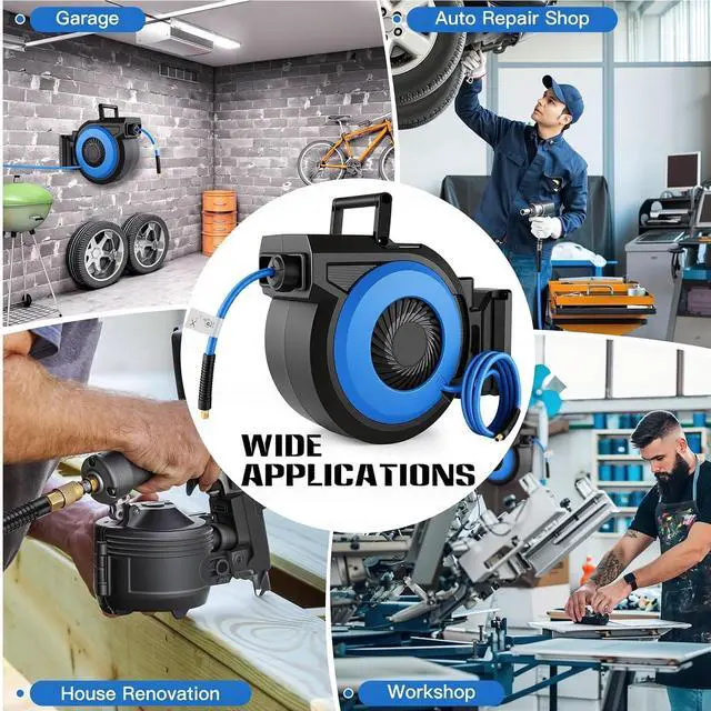 Alt view image 6 of 6 - Retractable Air Hose Reel 80FT + 6.5FT, Heavy Duty 3/8" x 80FT Hybrid Air Compressor Hose Reel, Automatic Rewind, 300PSI Wall Mount Hose Reel with Brass Fittings & Bend Restrictors for Garage Workshop