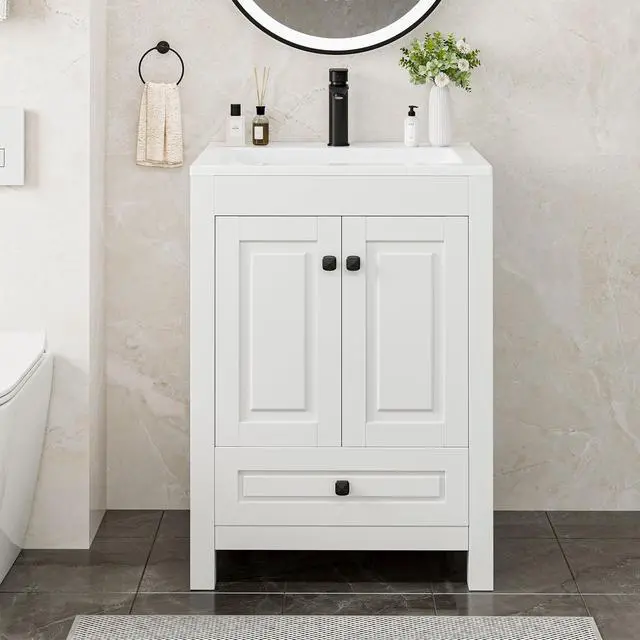 Main image of 24" Bathroom Vanities with Sink Combo, Modern Thickened Wood Bathroom Storage Cabinet w/Undermount Sink, Matte Black Faucet Drain, Painted Surface,White