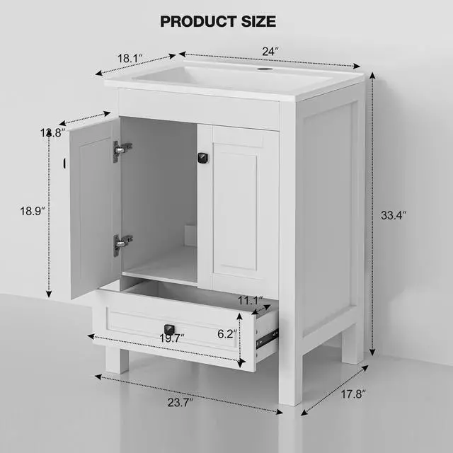 Alt view image 2 of 6 - 24" Bathroom Vanities with Sink Combo, Modern Thickened Wood Bathroom Storage Cabinet w/Undermount Sink, Matte Black Faucet Drain, Painted Surface,White