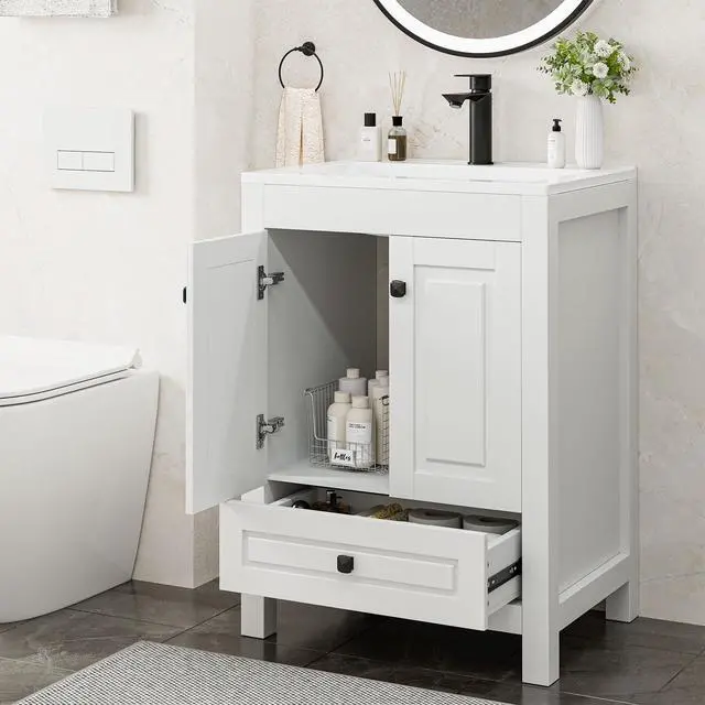 Alt view image 3 of 6 - 24" Bathroom Vanities with Sink Combo, Modern Thickened Wood Bathroom Storage Cabinet w/Undermount Sink, Matte Black Faucet Drain, Painted Surface,White