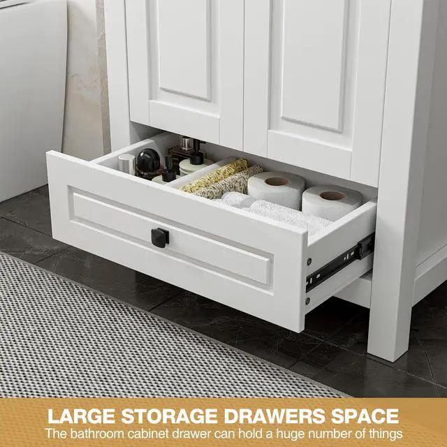 Alt view image 4 of 6 - 24" Bathroom Vanities with Sink Combo, Modern Thickened Wood Bathroom Storage Cabinet w/Undermount Sink, Matte Black Faucet Drain, Painted Surface,White