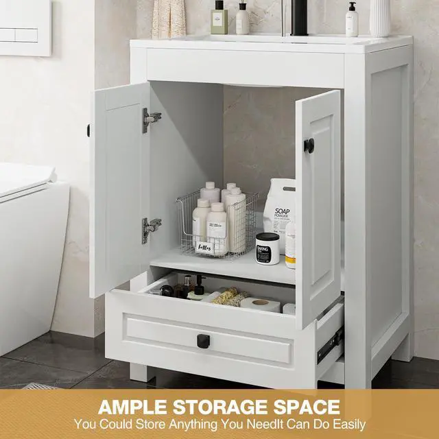 Alt view image 5 of 6 - 24" Bathroom Vanities with Sink Combo, Modern Thickened Wood Bathroom Storage Cabinet w/Undermount Sink, Matte Black Faucet Drain, Painted Surface,White