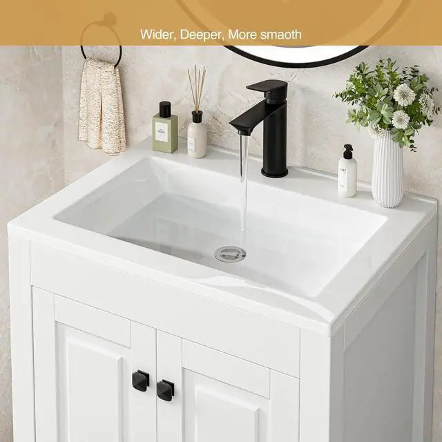 Alt view image 6 of 6 - 24" Bathroom Vanities with Sink Combo, Modern Thickened Wood Bathroom Storage Cabinet w/Undermount Sink, Matte Black Faucet Drain, Painted Surface,White