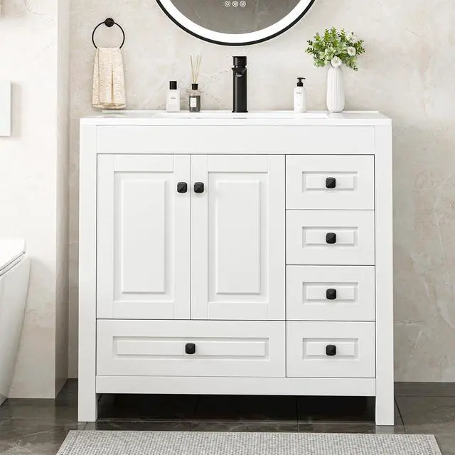 Main image of 36" Bathroom Vanities with Sink Combo, Modern Thickened Wood Bathroom Storage Cabinet w/Undermount Sink, Matte Black Faucet Drain, Painted Surface,White
