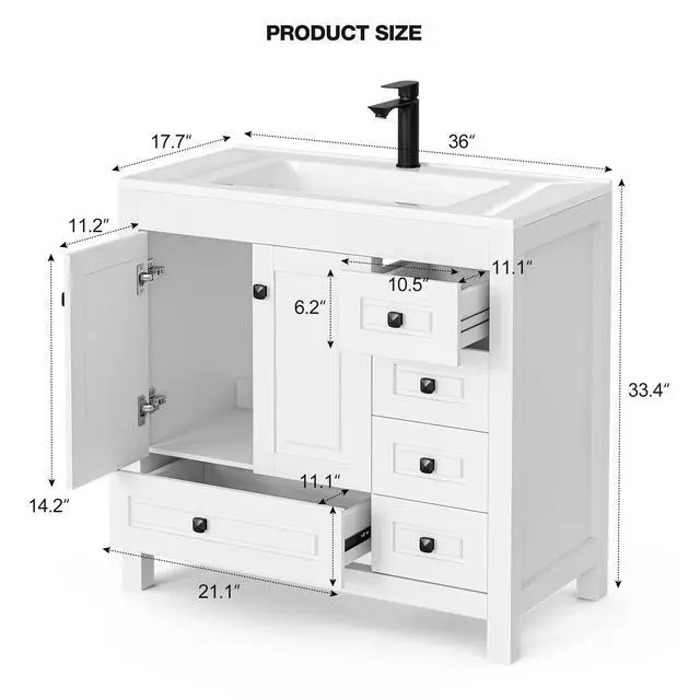 Alt view image 2 of 6 - 36" Bathroom Vanities with Sink Combo, Modern Thickened Wood Bathroom Storage Cabinet w/Undermount Sink, Matte Black Faucet Drain, Painted Surface,White