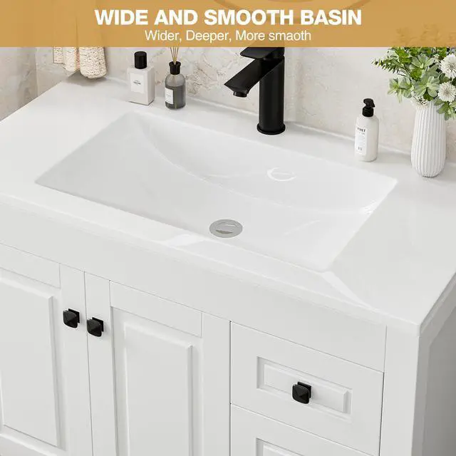 Alt view image 3 of 6 - 36" Bathroom Vanities with Sink Combo, Modern Thickened Wood Bathroom Storage Cabinet w/Undermount Sink, Matte Black Faucet Drain, Painted Surface,White