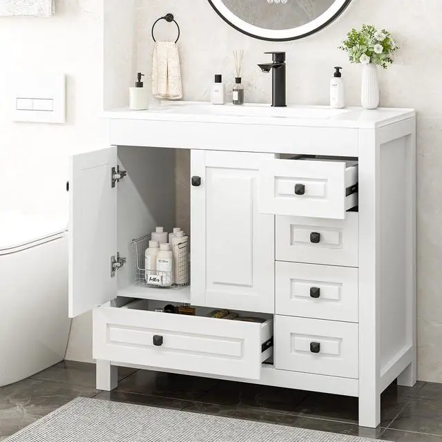 Alt view image 4 of 6 - 36" Bathroom Vanities with Sink Combo, Modern Thickened Wood Bathroom Storage Cabinet w/Undermount Sink, Matte Black Faucet Drain, Painted Surface,White