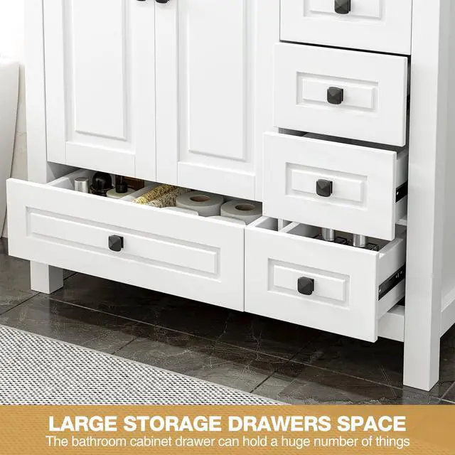Alt view image 5 of 6 - 36" Bathroom Vanities with Sink Combo, Modern Thickened Wood Bathroom Storage Cabinet w/Undermount Sink, Matte Black Faucet Drain, Painted Surface,White