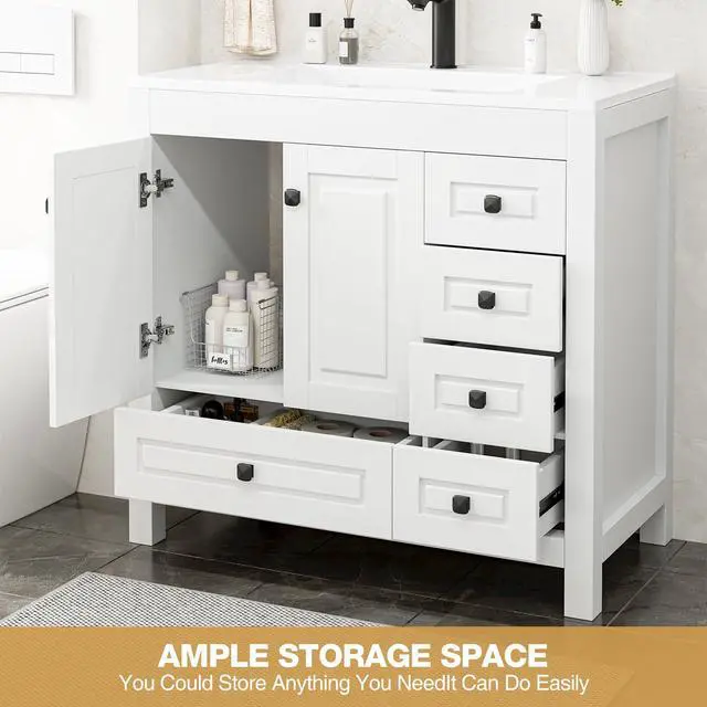 Alt view image 6 of 6 - 36" Bathroom Vanities with Sink Combo, Modern Thickened Wood Bathroom Storage Cabinet w/Undermount Sink, Matte Black Faucet Drain, Painted Surface,White