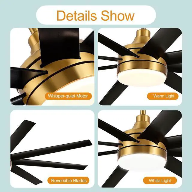 Alt view image 5 of 6 - 65" Ceiling Fans with Lights Remote Control, Industrial Gold and Black Ceiling Fan with Reversible DC Motor, 6-Speed, 3CCT Led, 8 ABS Blades Large Ceiling Fan Fandeliers for Bedroom Living Room